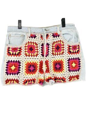 Crochet Patchwork Light Wash Denim High-Rise Shorts 13/31W By SO Goods For Life